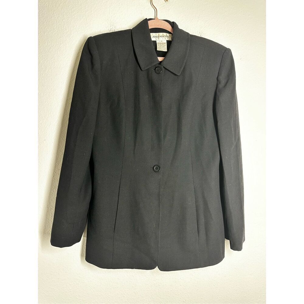 Jones New York Black Buttoned Shoulder Pads Wool Blend Suit Jacket Blazer Sz 10
